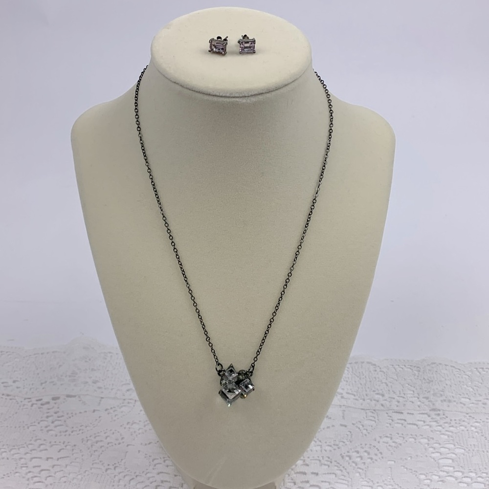 Jeweled Necklace & post earrings set Gun metal with purple sparkle jewels 18”